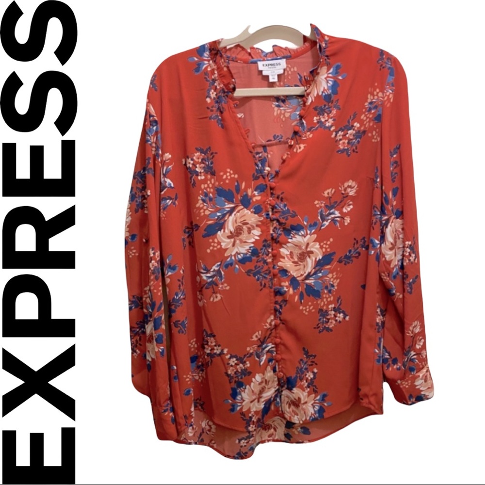 Pre-owned Express Slim-Fit Portofino Orange Floral Button-Up Blouse